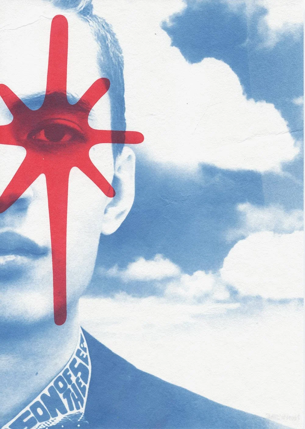 A blue-tinted photo of a person's face with clouds in the background. A red, star-like graphic with an eye in the center overlays the face.