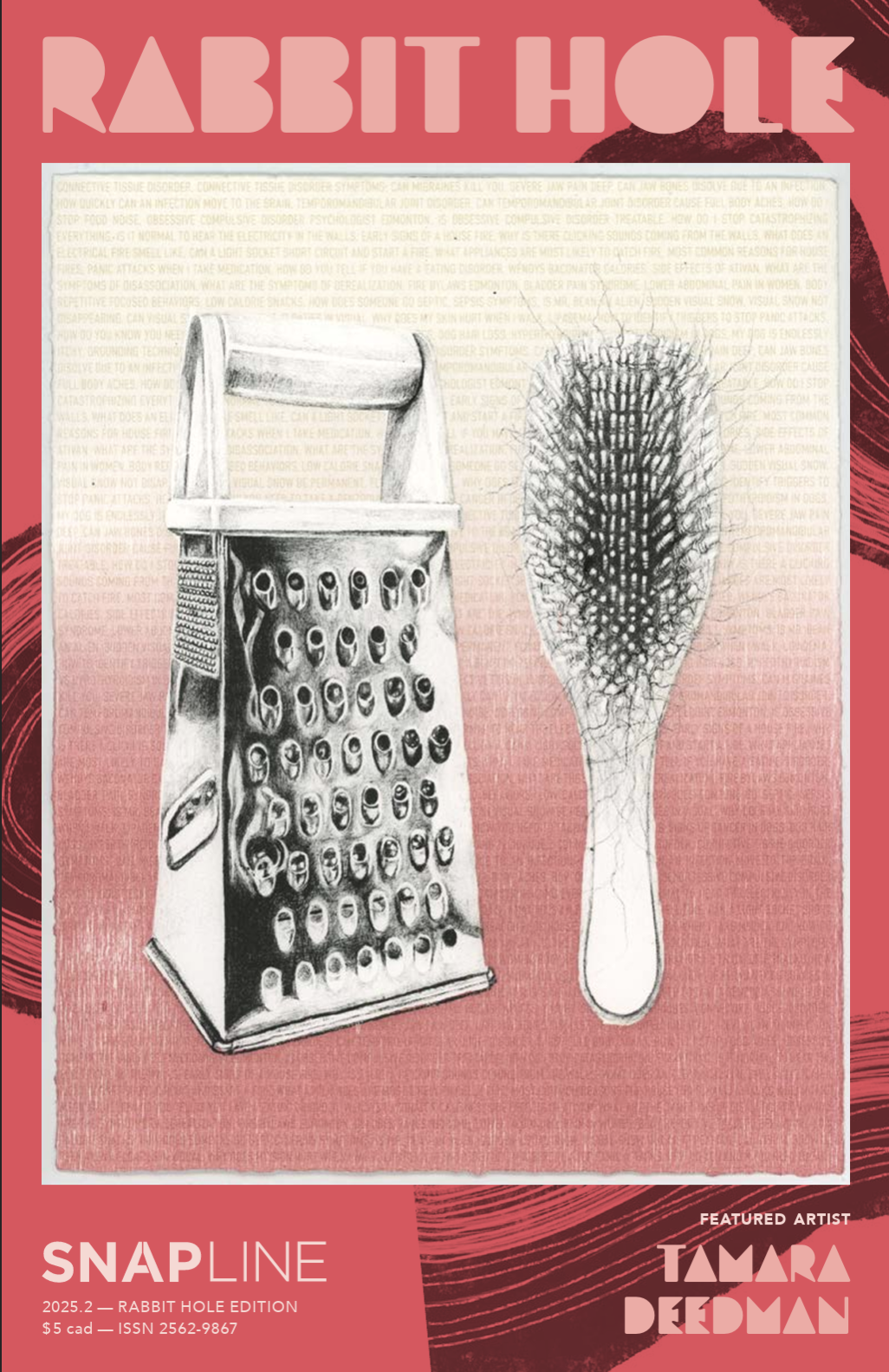 Illustration of a cheese grater and a rabbit hole brush on a pink magazine cover titled "Rabbit Hole" featuring artist Tamara Pedman.
