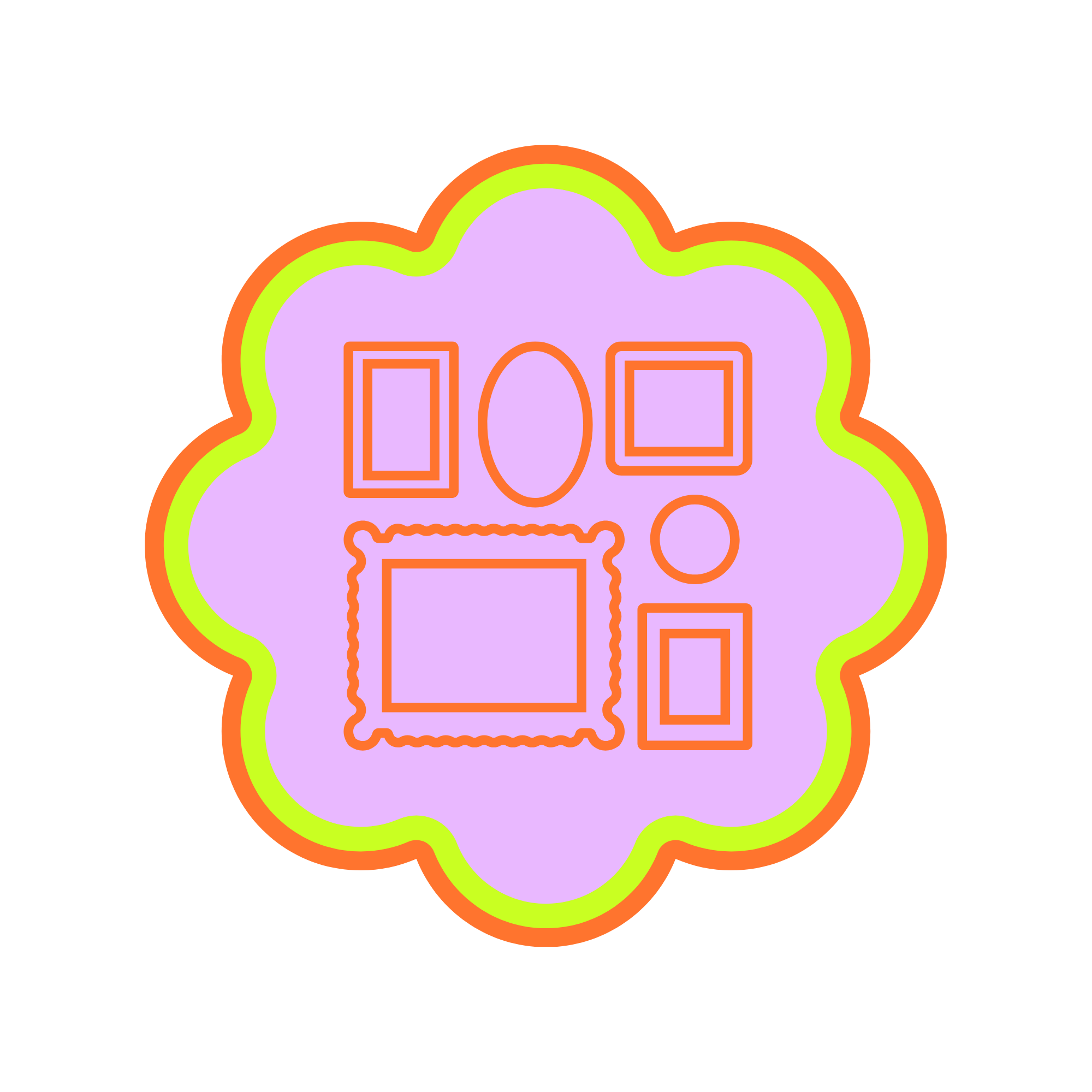 Stylized neon-colored flower with purple petals and orange and green accents on a black background.