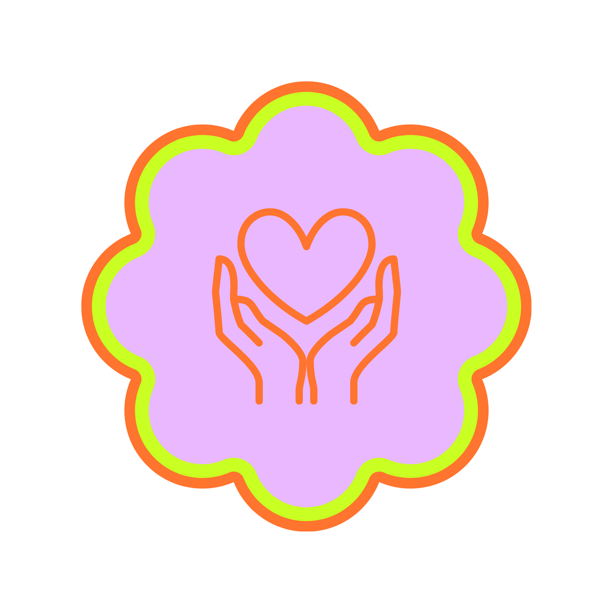 Colorful illustration of a hand holding a heart within a purple cloud shape, outlined with orange and lime green borders.