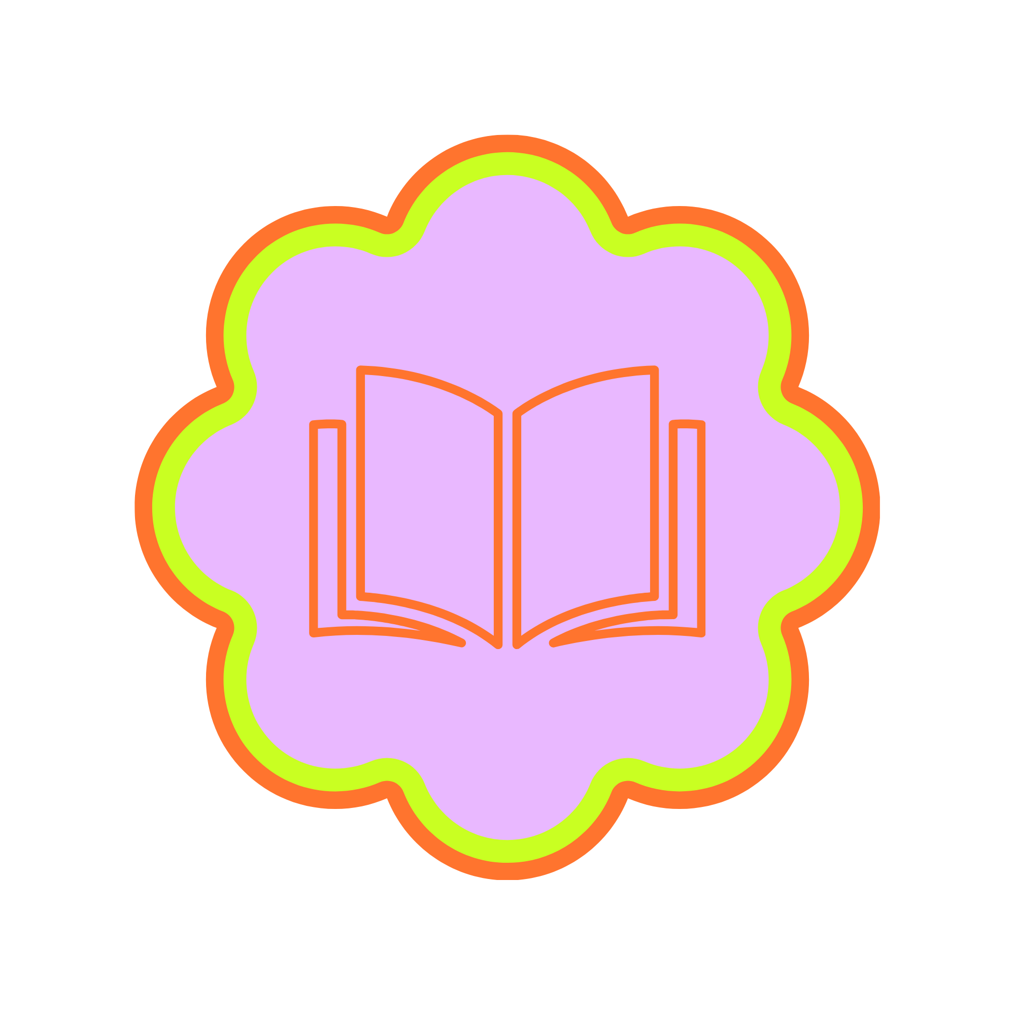 A brightly colored, neon-outlined graphic of an open book inside a cloud-shaped outline with multiple colored borders.