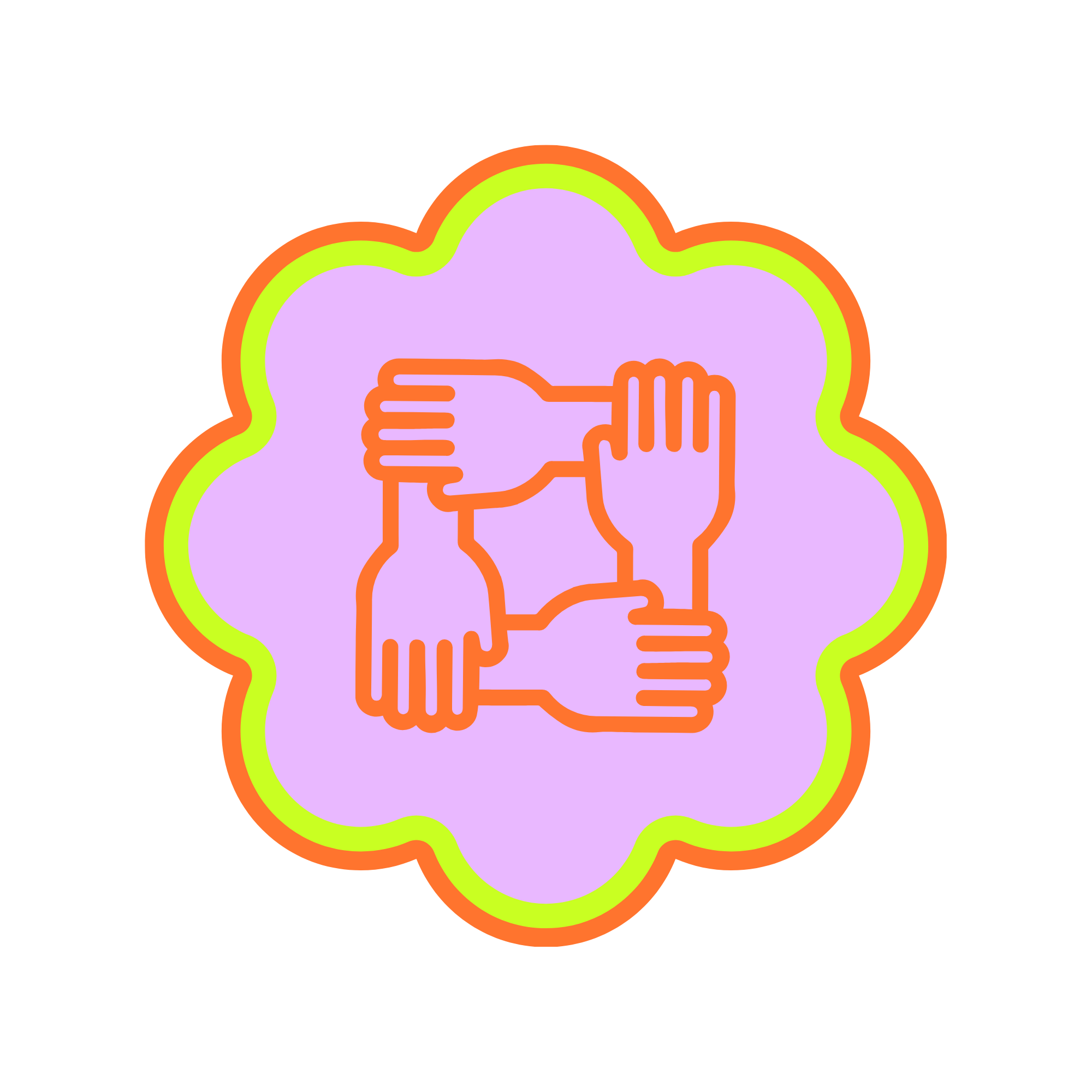 Colorful illustration of a handshake inside a cloud-shaped border with outline and inner details in bright colors