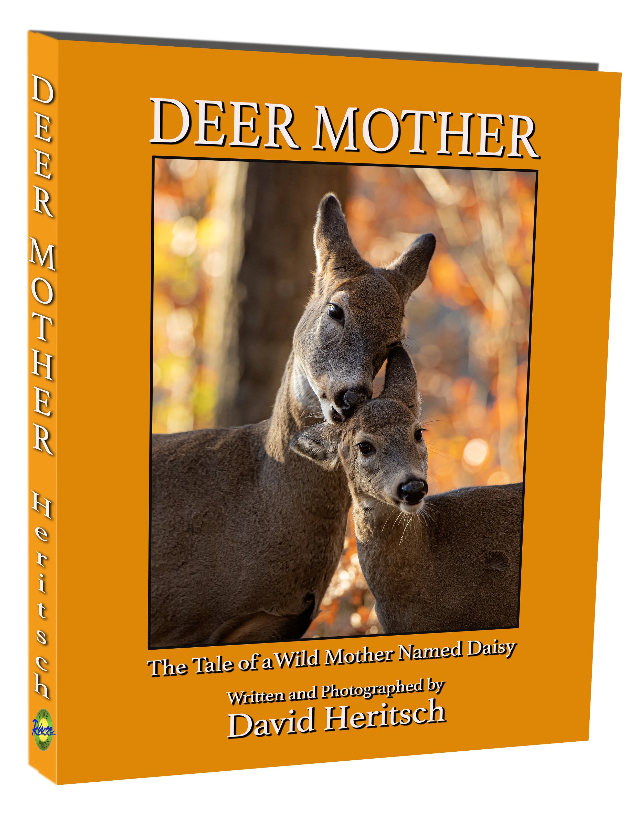 Book cover titled "Deer Mother" featuring a photograph of a mother deer and her fawn in a forest with autumn leaves.