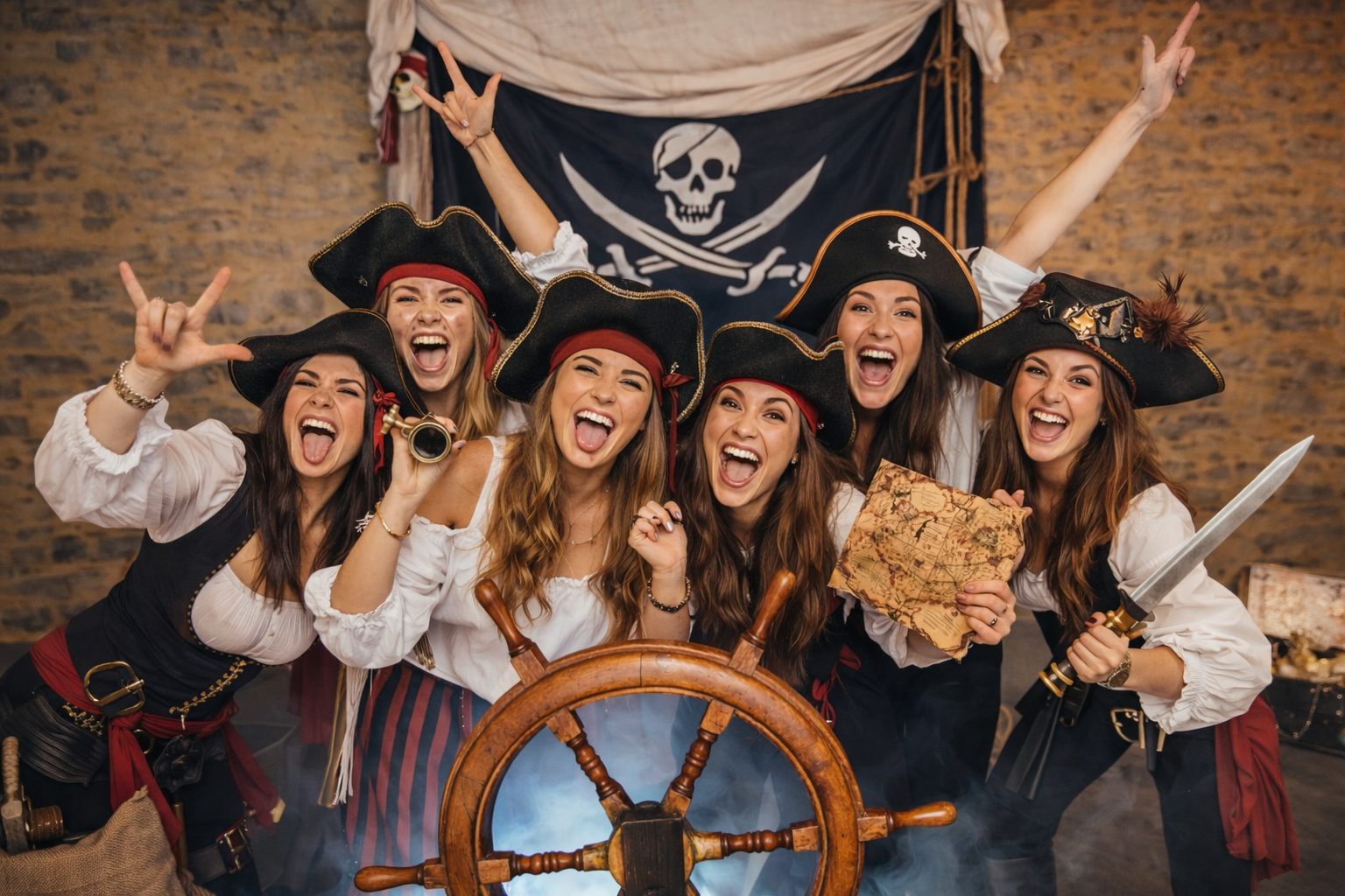 Décor pirate immersif pour EVJF à Nantes – groupe d’amies lors d’une soirée à thème