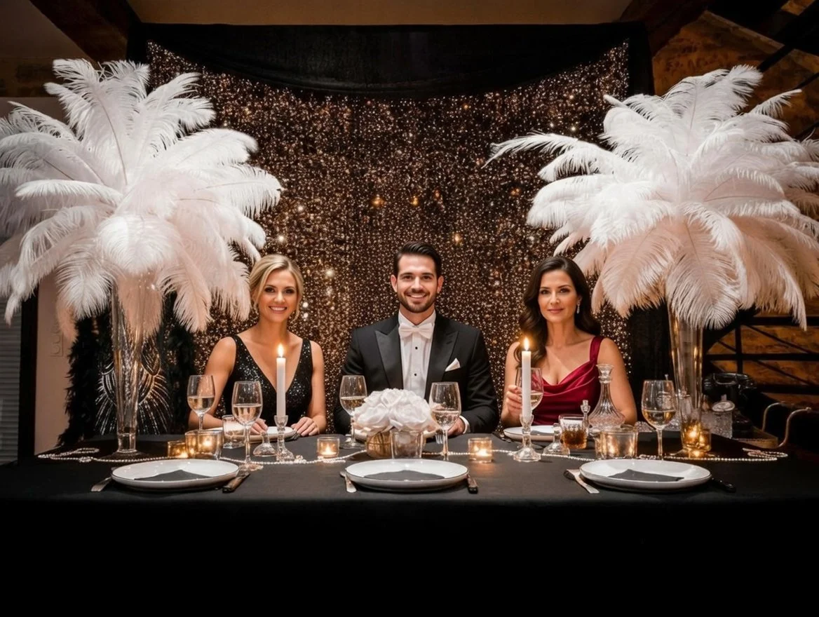 Décor Gatsby pour événement à Nantes avec invités posant devant le décor.