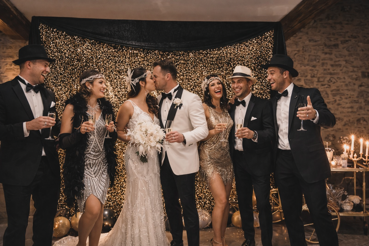 Décor Gastby avec mariés et invités en tenue années 20 devant fond Gastby pour mariage à Nantes.