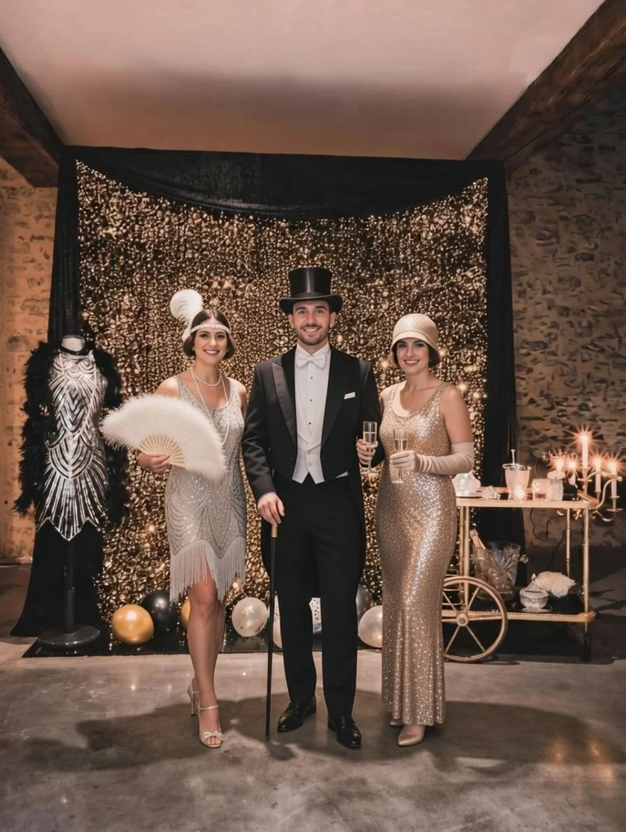 Couple et invités devant un décor Gatsby pour une soirée élégante à Nantes.