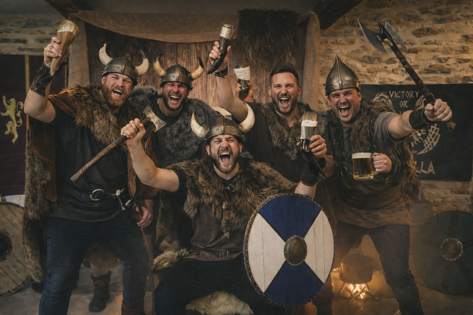 Décor viking avec groupe d’amis autour d’un trône nordique lors d’un EVG à Nantes avec accessoires vikings et ambiance immersive.