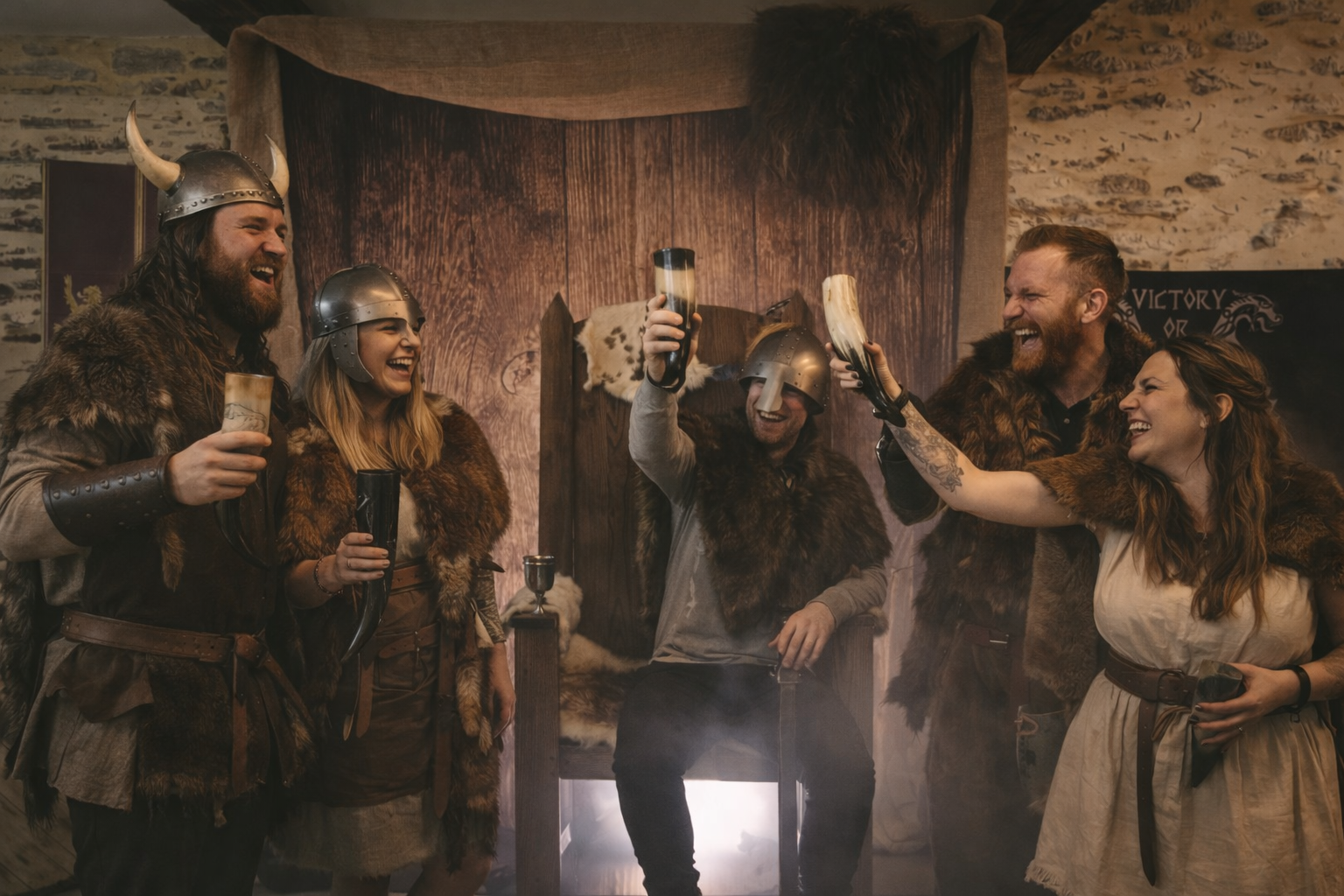 Décor viking avec groupe de femmes célébrant un EVJF à Nantes avec ambiance nordique immersive.