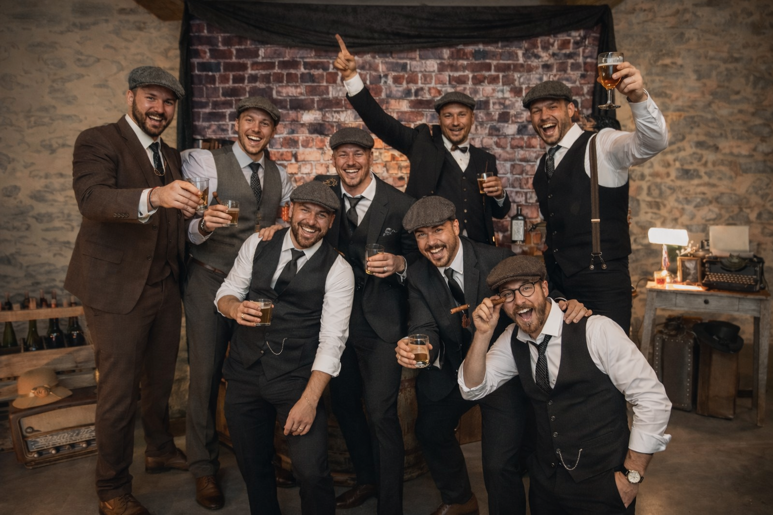 Groupe d’hommes lors d’un EVG avec décor speakeasy et ambiance prohibition devant fond brique style bar clandestin à Nantes.