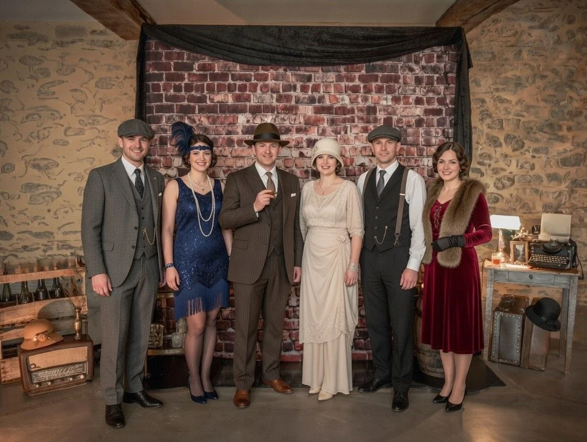 Décor speakeasy avec invités en tenue vintage lors d’un événement entreprise thème prohibition à Nantes.