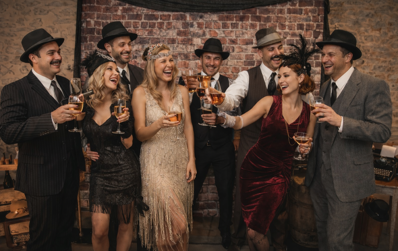 Location décor speakeasy à Nantes avec groupe d'invités en tenue année 30 lors d'une soirée privée thème prohibition 