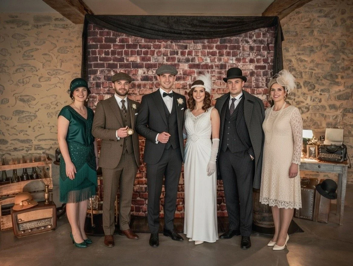 Décor prohibition avec mariés et invités en tenue années 30 devant fond brique speakeasy pour mariage à Nantes.