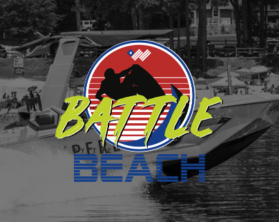 Logo for Battle Beach featuring a silhouette of two people wrestling on a horse with a city park and a boat in the background.
