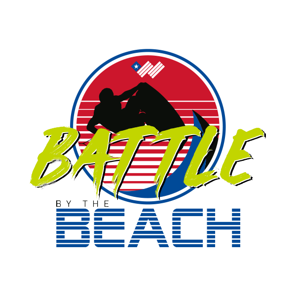 Logo with a silhouette of two people engaging in a wrestling move, set against a red and white striped circular background with a small American flag at the top. The text reads 'BATTLE BY THE BEACH' with 'BATTLE' in large green letters and 'BY THE BEACH' in smaller blue letters.