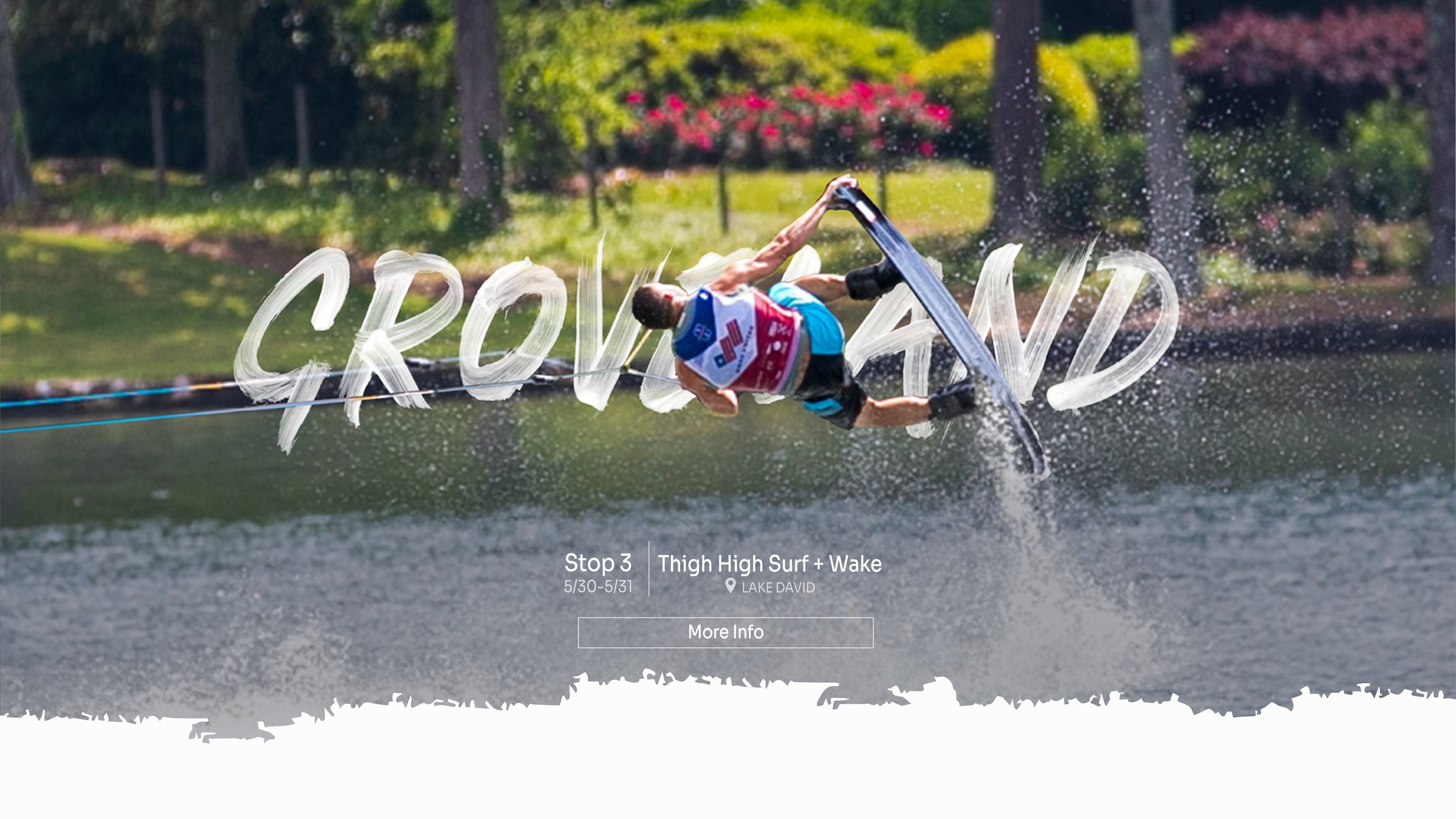 A person wakeboarding on Lake David, performing a turn with water splashing around, and the word 'GROVELAND' written across the image.