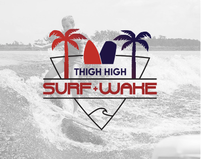 A logo with two palm trees, one red and one dark blue, and the text 'Thigh High Surf Wake' over a background of a person wakeboarding on the water.