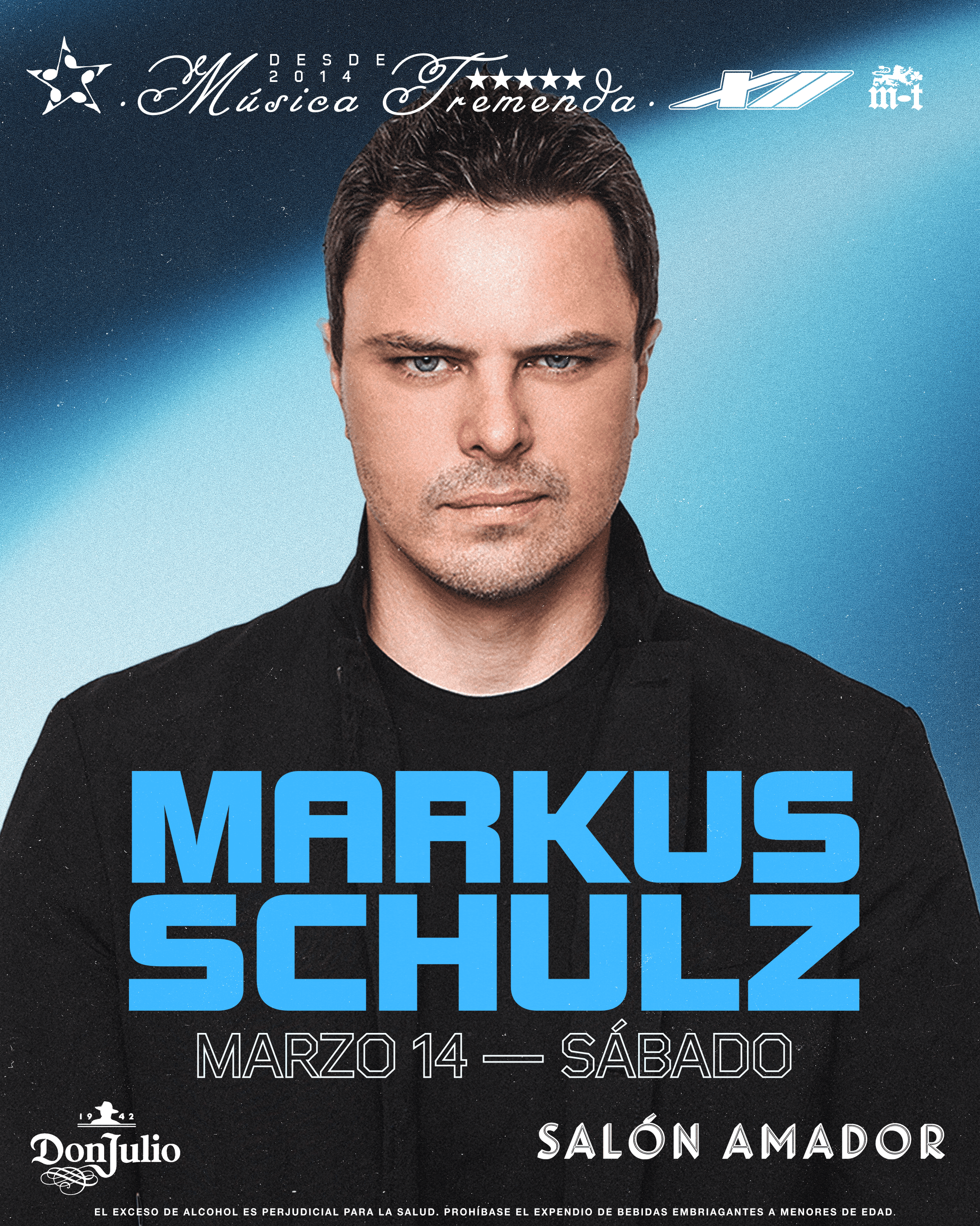Concert poster featuring Markus Schulz, scheduled for March 14, a Saturday, at Salón Amador. The poster includes decorative designs, text in Spanish, and logos.