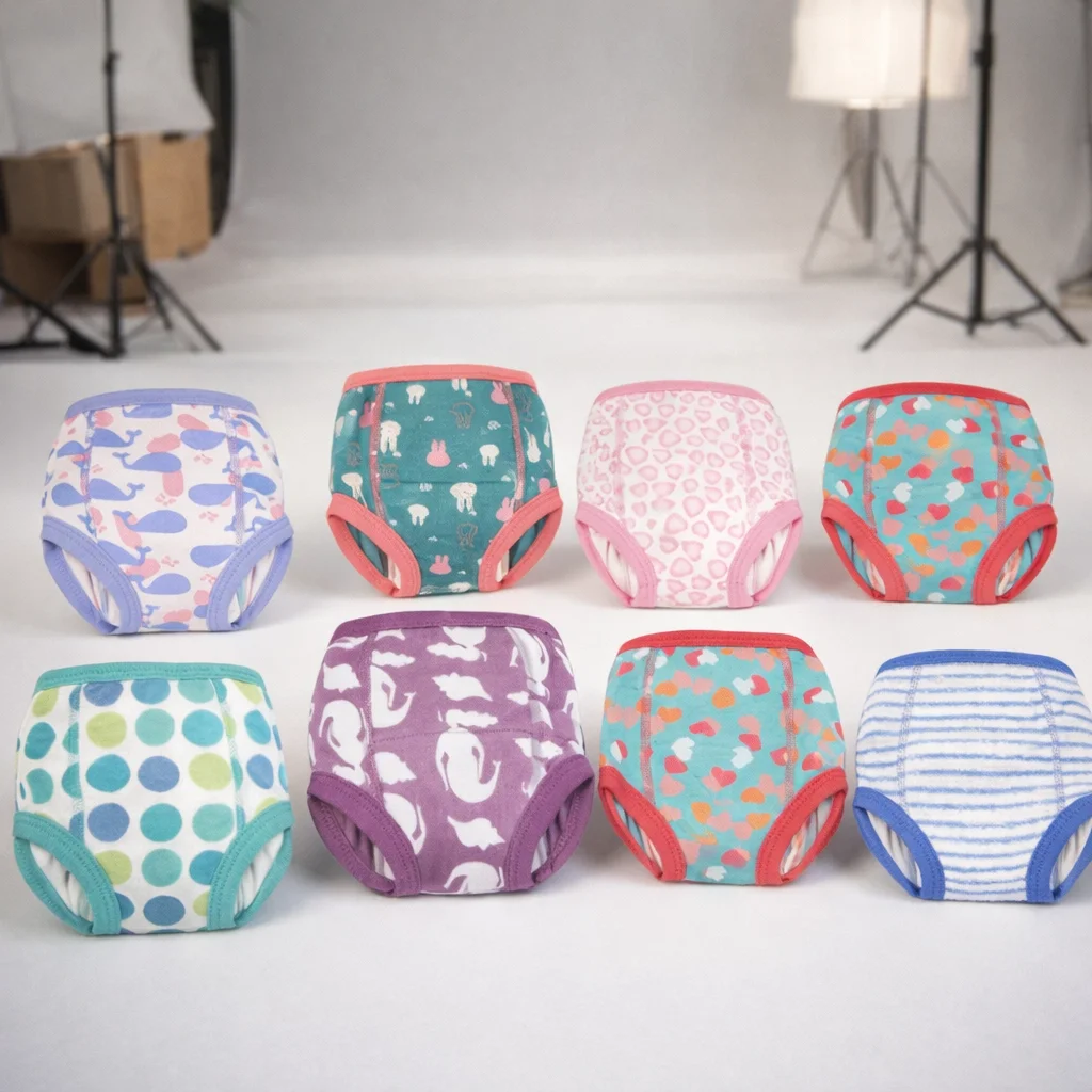 Eight colorful training pants with various patterns arranged in two rows on a white surface, with a photography studio backdrop and lighting equipment in the background.