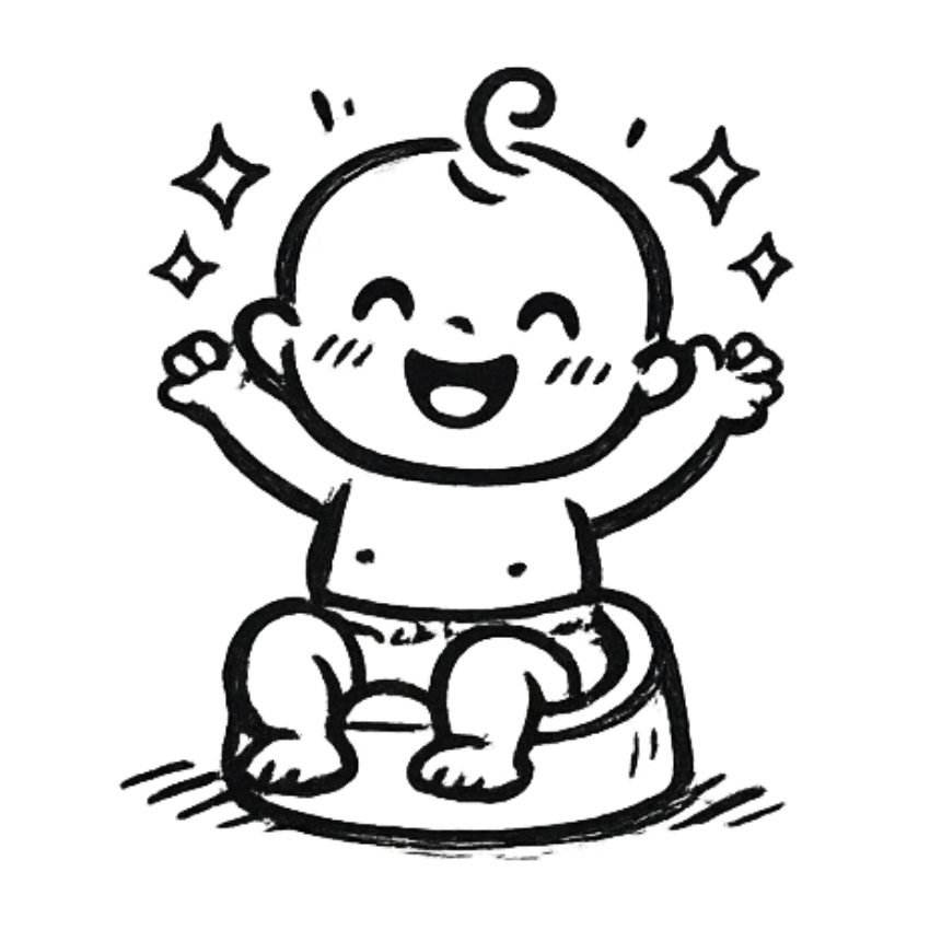 A cute hand-drawn baby with a round face, big smile, sitting on a potty, surrounded by stars and sparkles.
