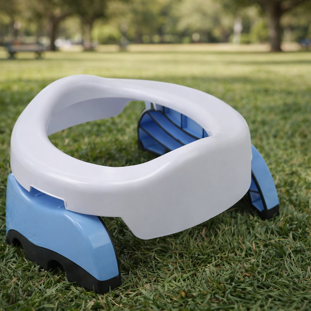 A blue and white potty, the Potette Plus, with a white seat and black padded feet, placed on grass in an outdoor park setting.