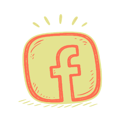 A hand-drawn cartoon-style Facebook logo inside a yellow square with red outline, with radiating lines around it.
