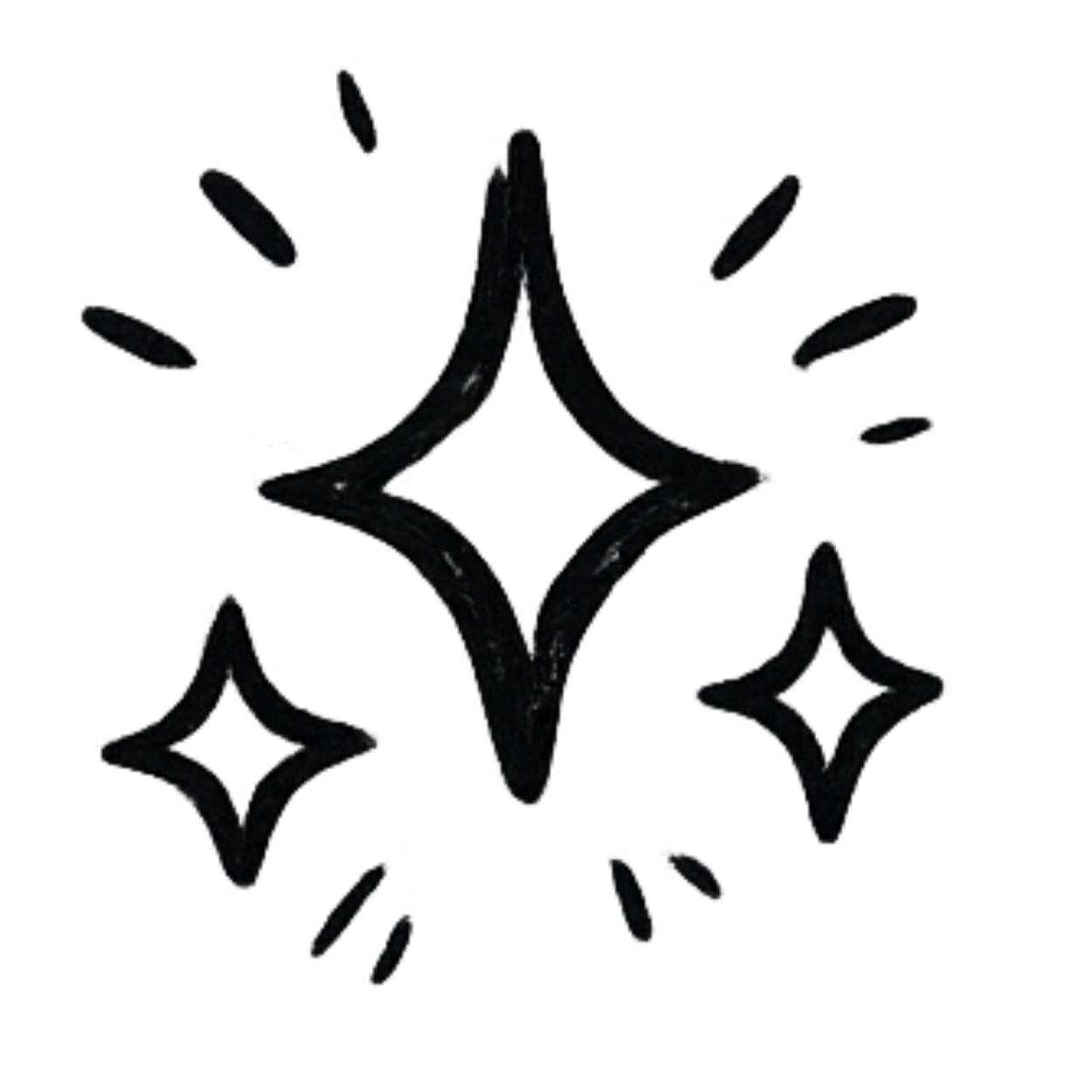 Black hand-drawn sparkle and star illustrations with radiant lines.