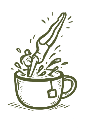 A steaming hot cup of coffee with a women diving in.