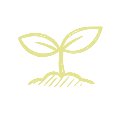 A simple line drawing of a sprouting plant with two leaves emerging from the soil.