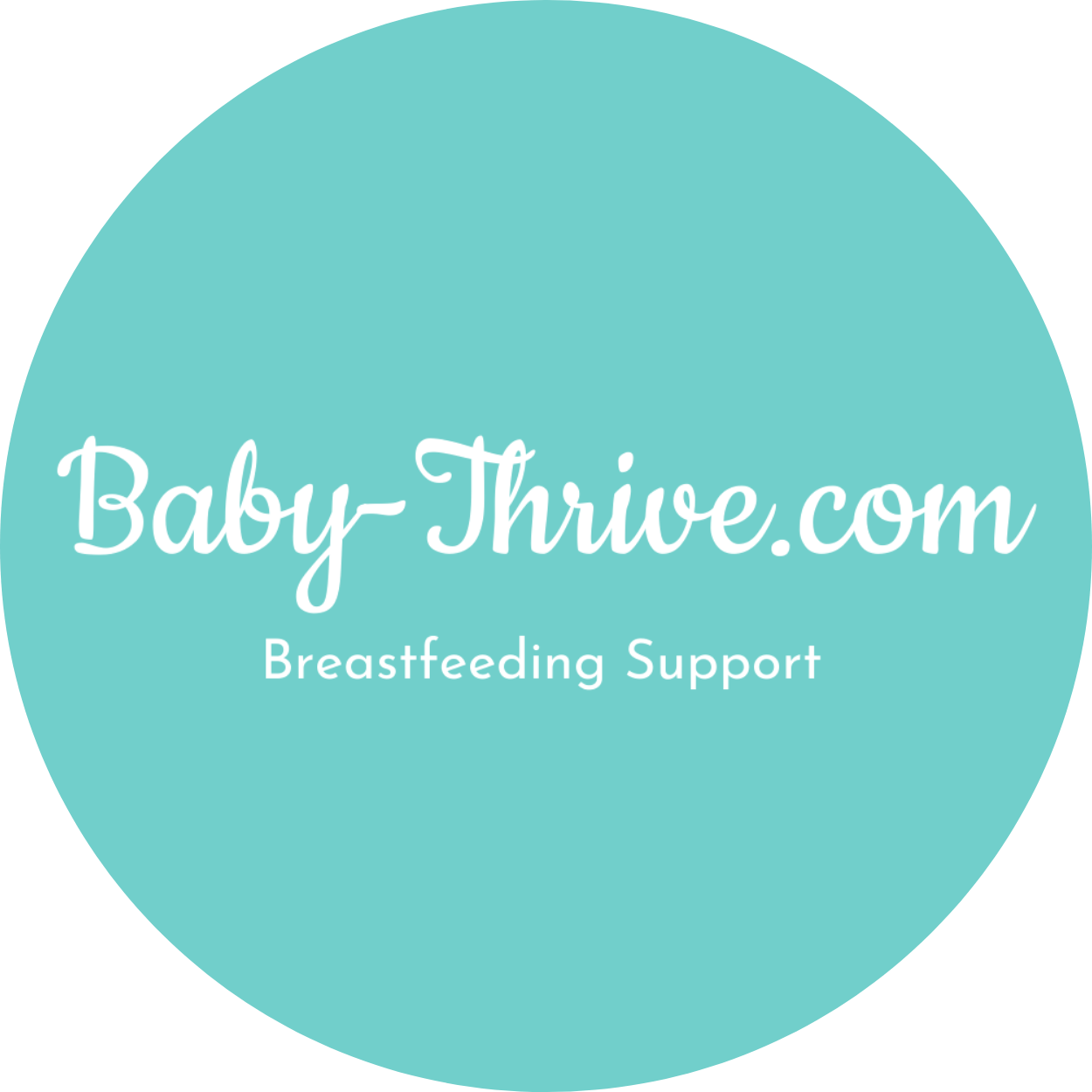 A circular logo with a light blue background. The text reads "Baby-Thrive.com" in a cursive font and "Breastfeeding Support" in a smaller, plain font underneath.