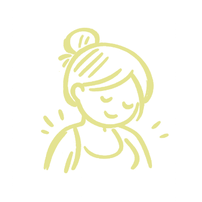 Line drawing of a smiling girl with her hair in a bun.