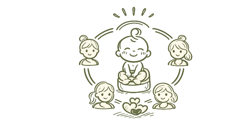 Illustration of diverse children and a baby in the center, surrounded by small hearts and lines radiating outward, symbolizing love and community.