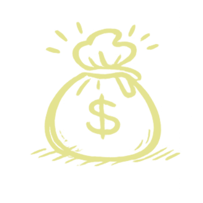 A yellow, hand-drawn illustration of a money bag with a dollar sign on it.