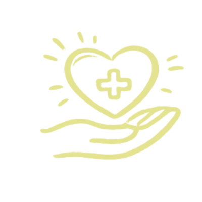 A hand holding a heart with a medical cross inside, surrounded by lines representing radiance or importance.