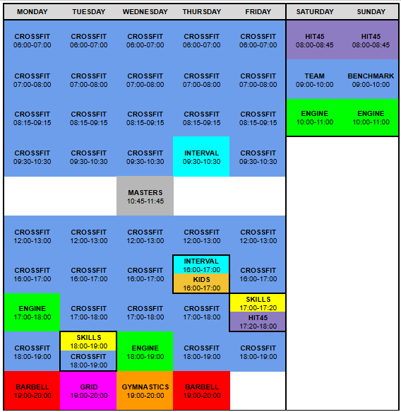 Weekly fitness class schedule from Monday to Sunday with time slots and class types. Notable classes include Crossfit, Engine, Skills, HIIT, Bench Mark, Kids, Gymnastics, Barbell, Grid, and Team. Color-coded for different class types and times.