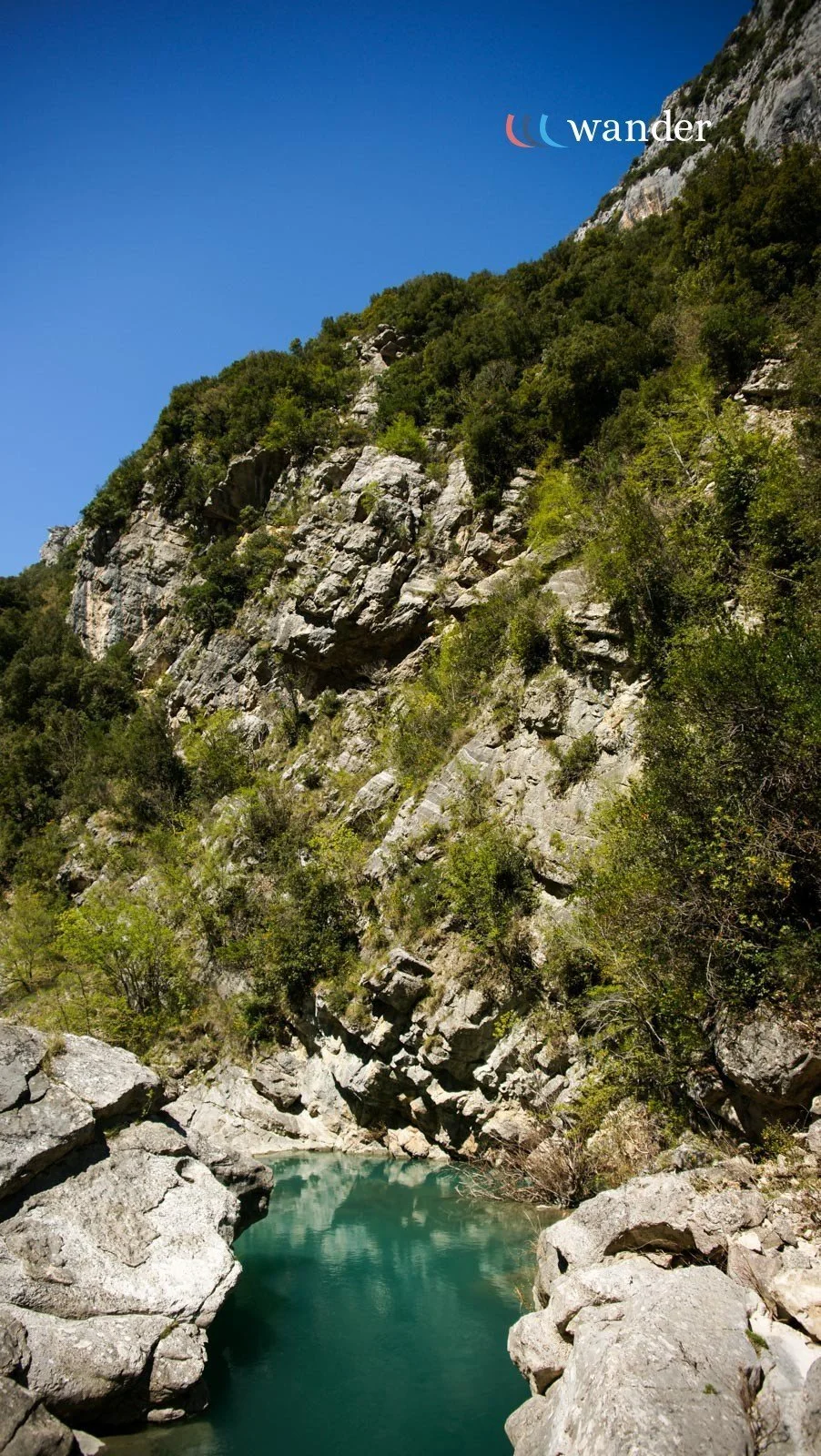 Rocky mountain slope with green trees and a clear blue sky, featuring the word "wander" at the top right.