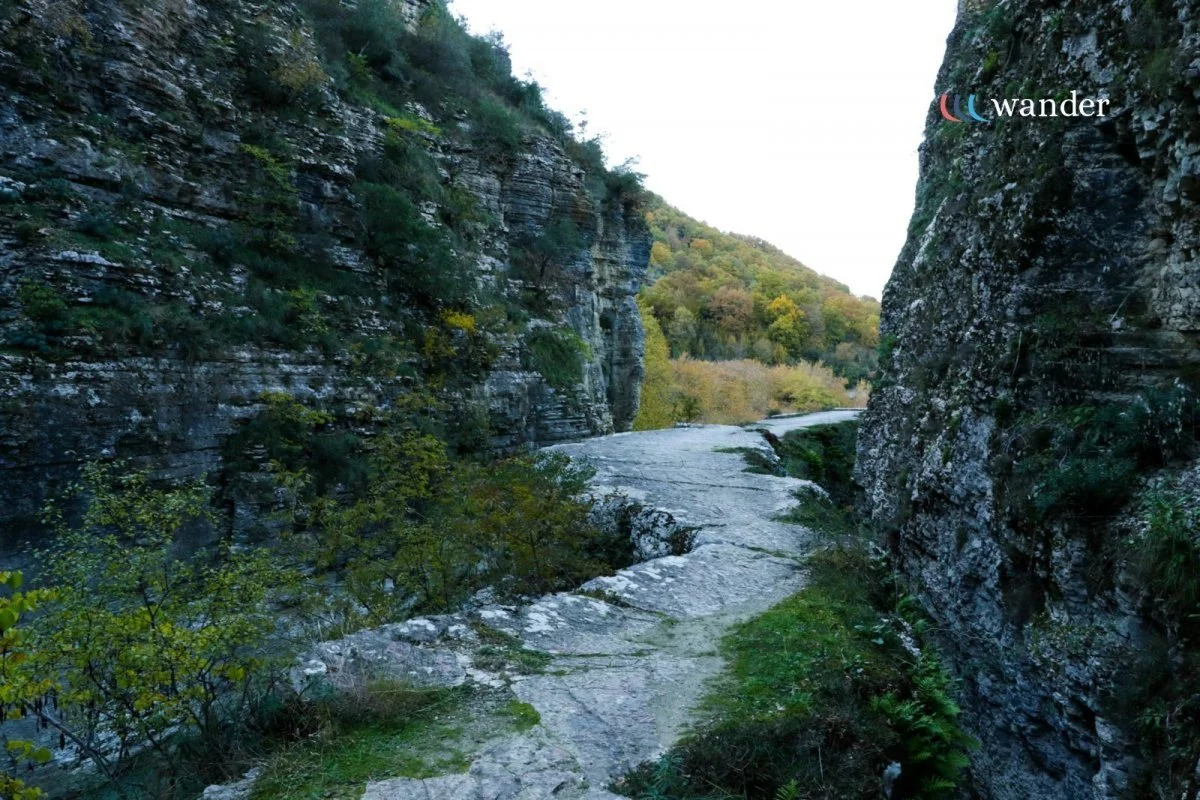 A narrow rocky pathway between high cliffs with greenery and trees in the background.