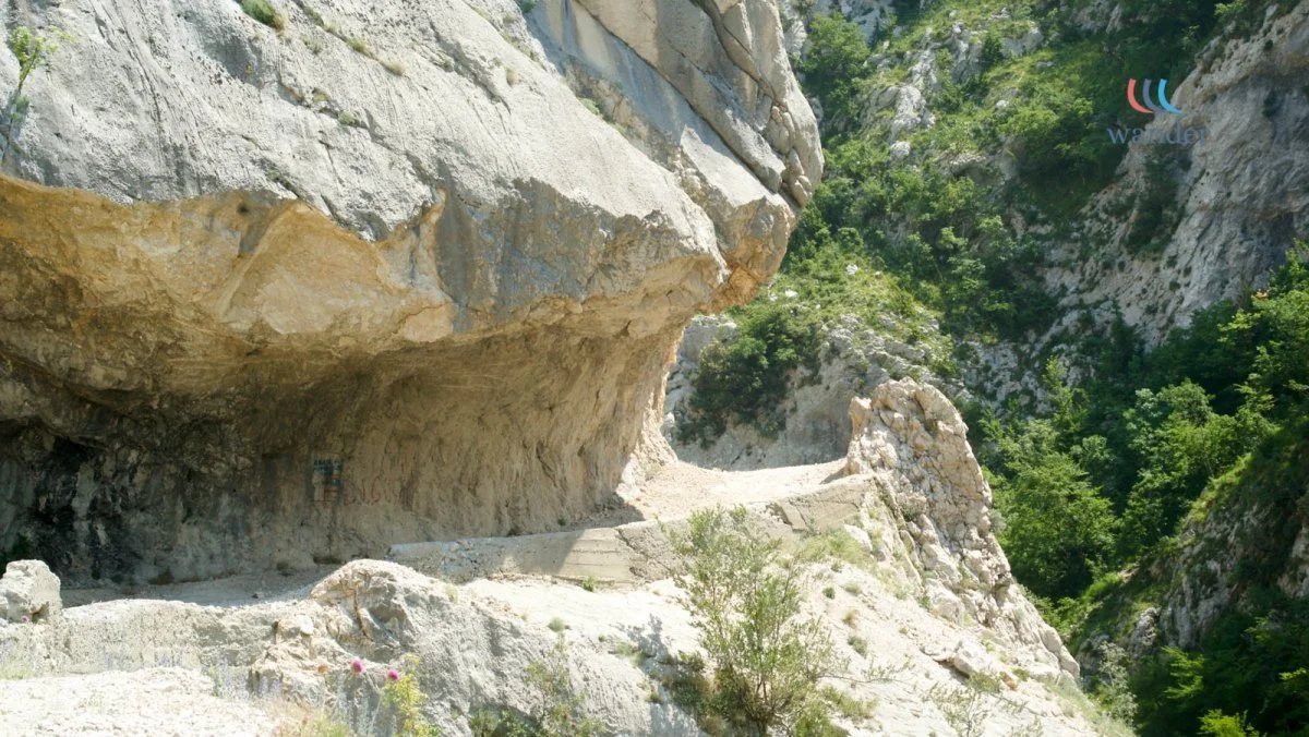 A rocky trail carved into a mountain side, with a large overhanging rock formation, surrounded by green trees and foliage.