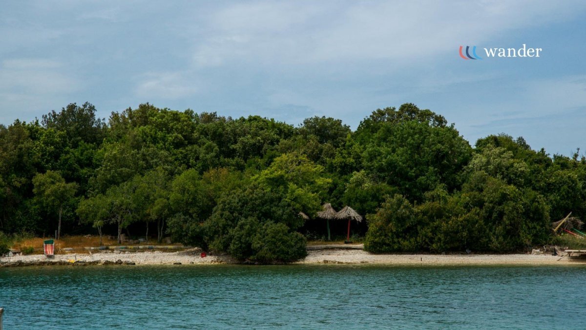 A scenic view of a wooded lakeshore with green trees, small thatched roof huts, and a pebble beach, under a cloudy sky.