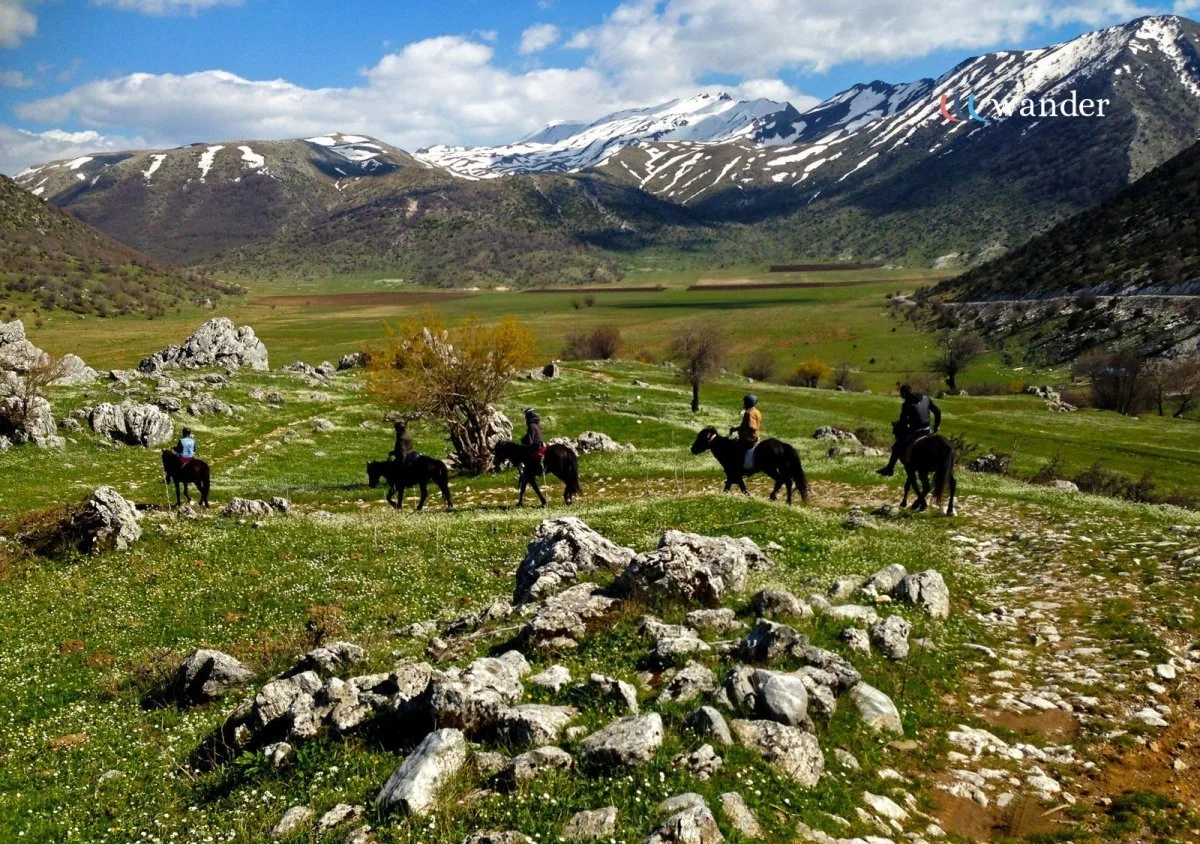 A group of five people riding horses through a green meadow scattered with rocks, with mountains that have snow-capped peaks in the background.