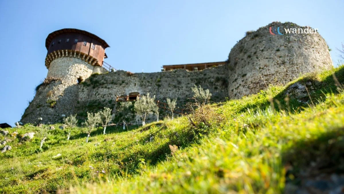 View of a historic stone castle with rounded towers on a grassy hillside, under a clear blue sky.