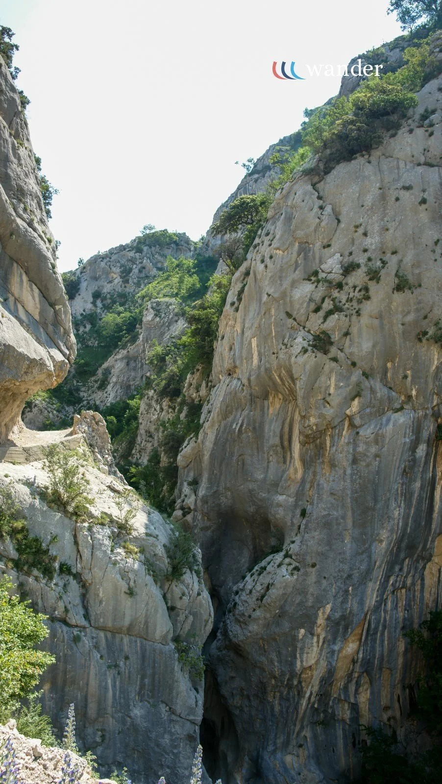 A steep, rocky canyon with tall cliffs and sparse vegetation, under a bright sky.