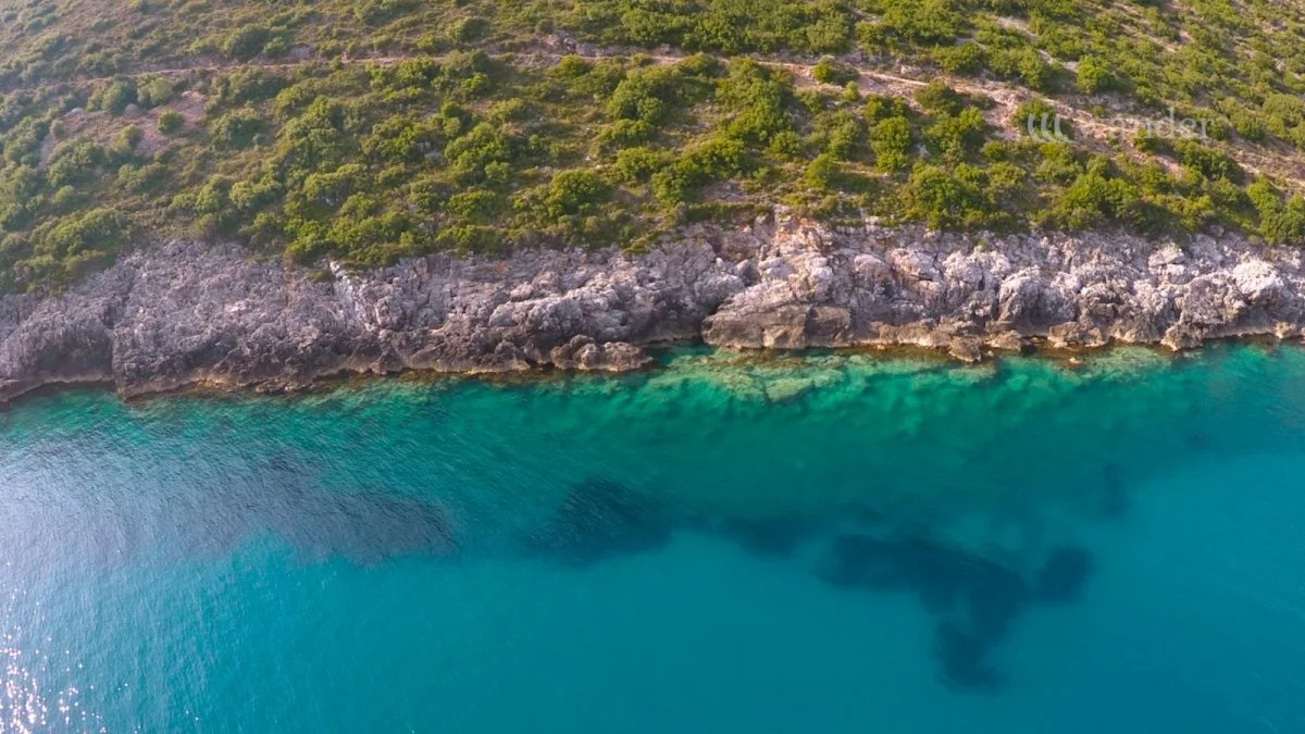 Aerial view of a rocky coastline with dense green vegetation above clear turquoise water.