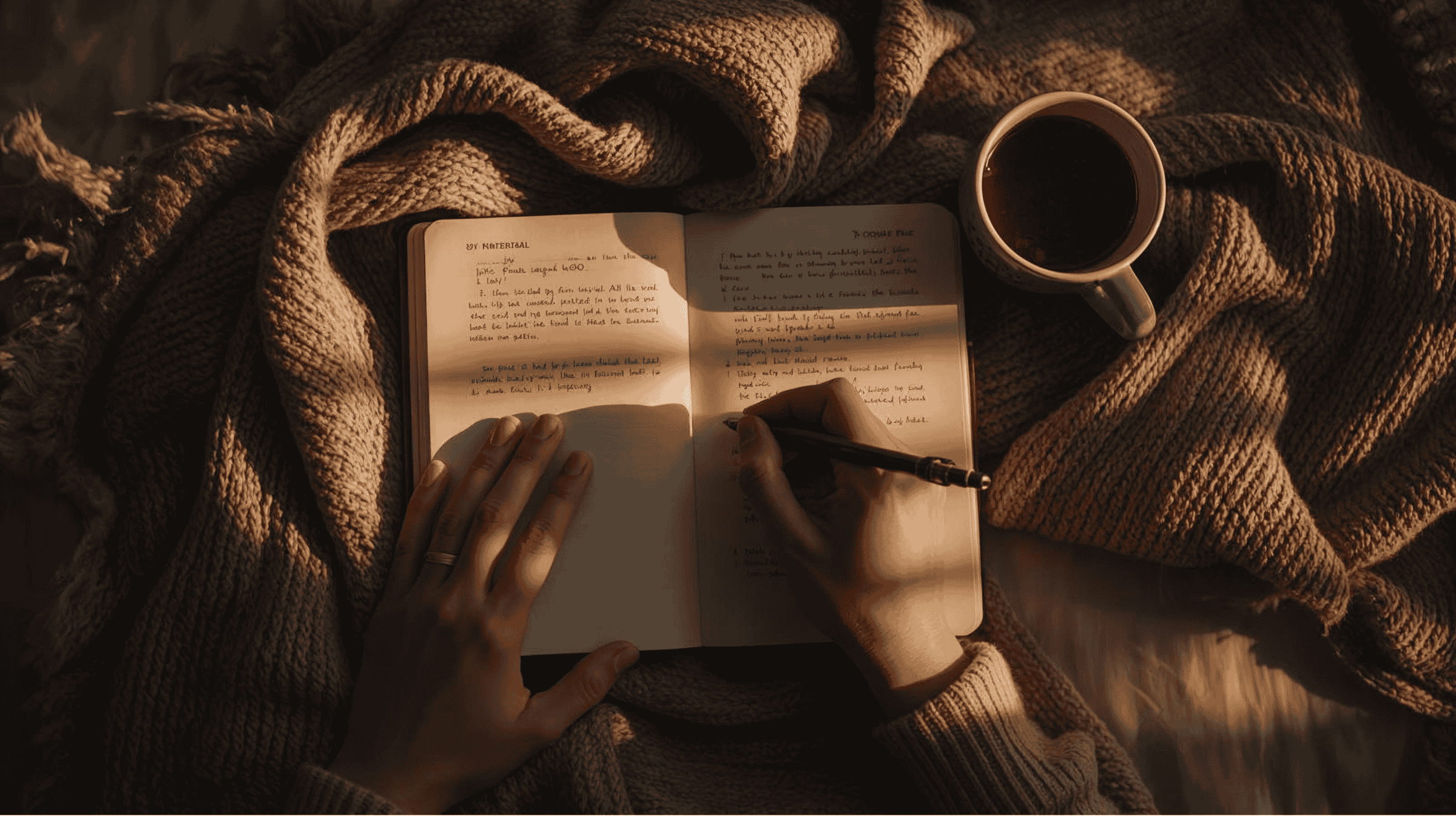 Image of a person journaling on their lap with a cozy blanket and a cup of coffee next to them as they process profound emotions about death and dyring.
