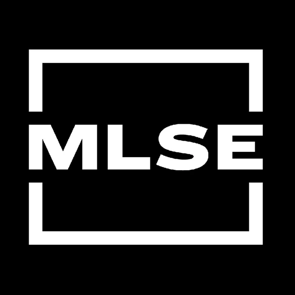 Black background with a white square outline, inside of which are the bold white letters "MLSE".