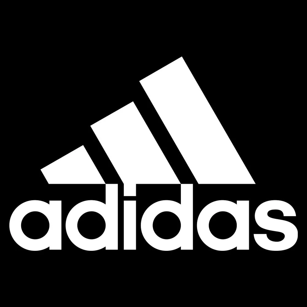 Black background with the white Adidas logo, consisting of three diagonal stripes above the lowercase word "adidas."