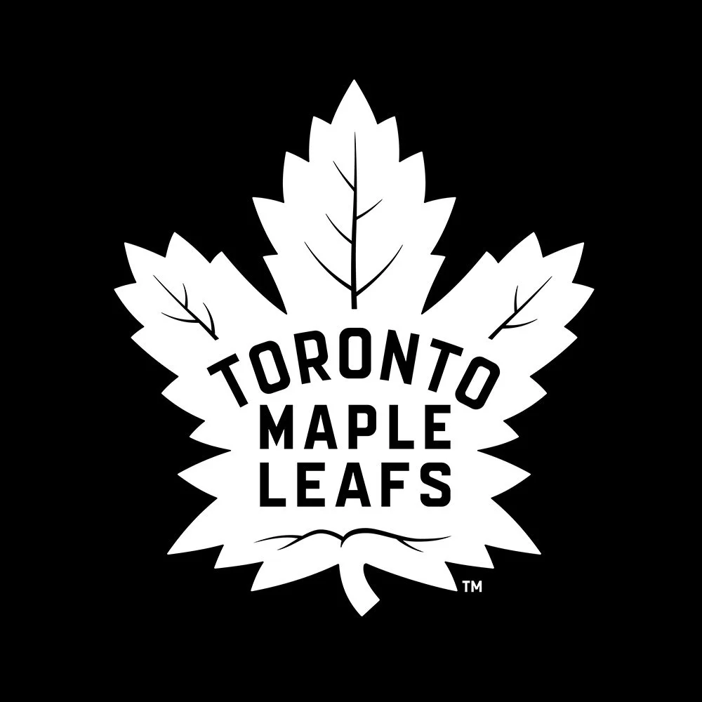 Black and white logo with a maple leaf and the words "Toronto Maple Leafs" inside.