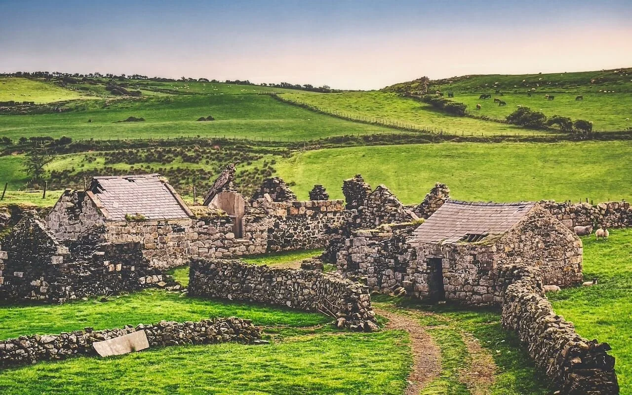 Village and fields with stone boundaries
