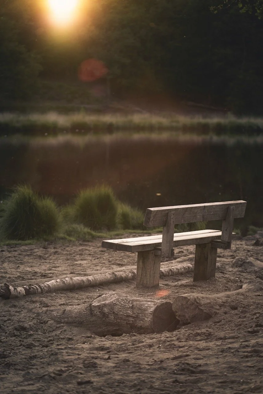 A wooden bench on sandy ground facing a calm body of water, with green grass and trees in the background. The scene is illuminated by warm sunlight, possibly at sunset, creating a peaceful and serene atmosphere.