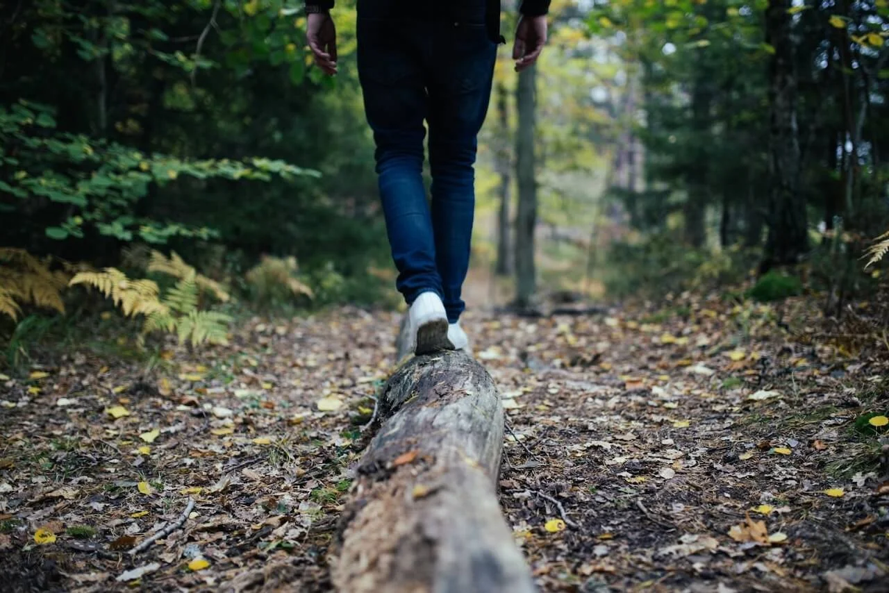 feet walking on a log in the woods